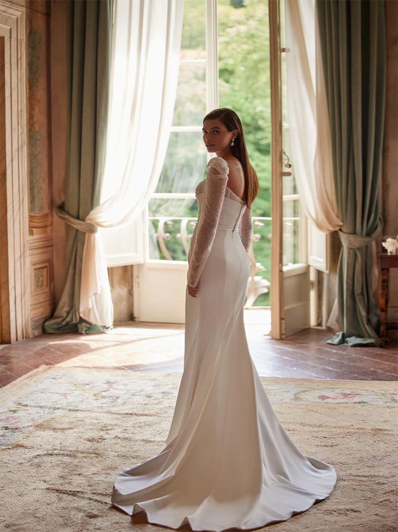Gorgeous & Sparkling Mermaid Wedding Dresses Strapless Pleated Beads Long Sleeves Satin Sweep Train Bridal Gowns With Slit