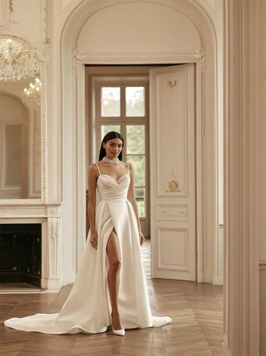 Simple & Classic A-Line Wedding Dresses Spaghetti Beads Pleated Satin Sweep Train Bridal Gowns Custom With Slit