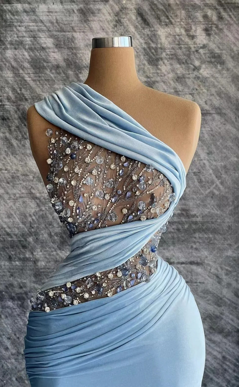 RP1168-Classic Sky Blue Mermaid One Shoulder Crystals Ruched Sleeveless Velvet Prom Evening Dresses Formal Party Gowns With Slit