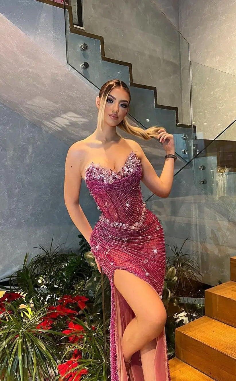 RP1169-Sparkling Mermaid Sweetheart Sequins Crystals Sleeveless Long Prom Evening Dresses Formal Party Gowns With Slit