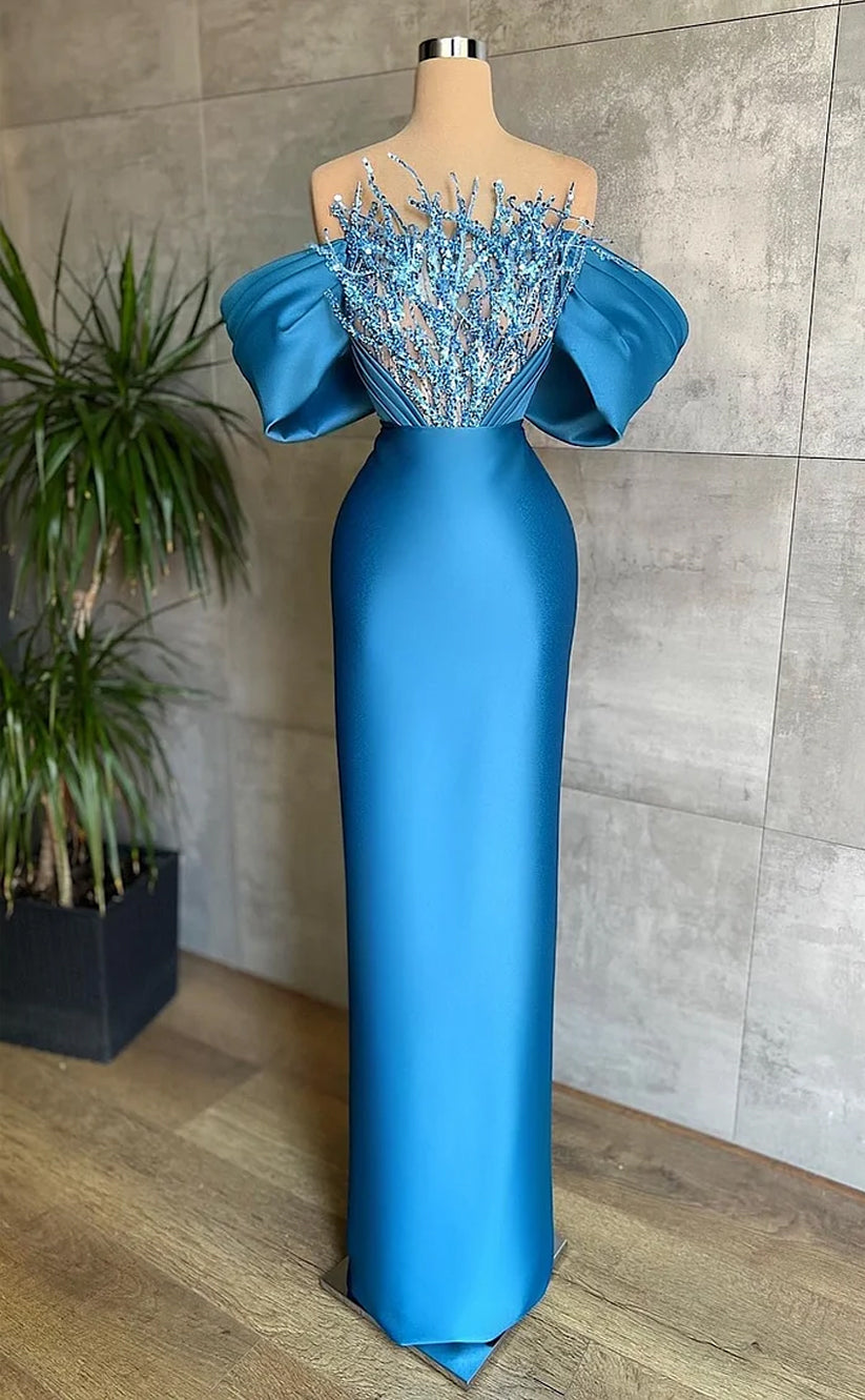 RP1170-Elegant Sky Blue Mermaid Off-the-Shoulder Beads Sequins Cap Sleeves Long Prom Evening Dresses Formal Party Gowns