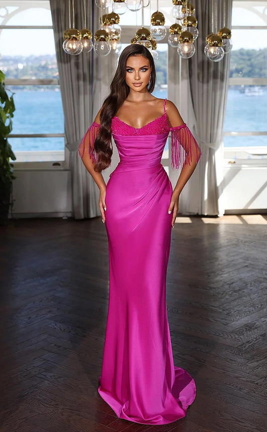 RP1172-Classic Mermaid Fuchsia Spaghetti Tassel Beads Sleeveless Long Prom Evening Dresses Formal Party Gowns