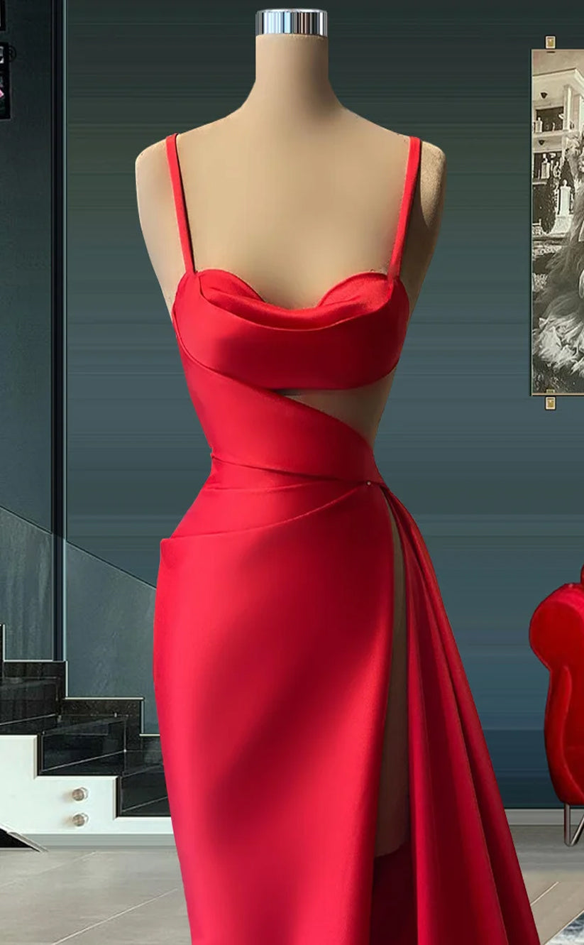 RP1173-Elegant Red Mermaid Spaghetti Ruched Sleeveless Long Prom Evening Dresses Formal Party Gowns With Slit