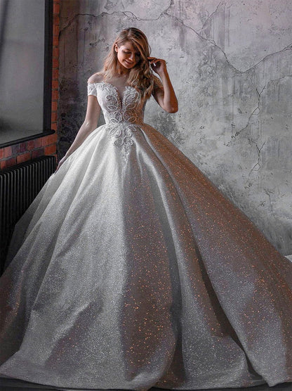 Elegant Ball Gown Wedding Dresses Cap Sleeves Beads Appliuqes Sequins Lace Up Court Train Tulle Bridal Gowns Custom Design