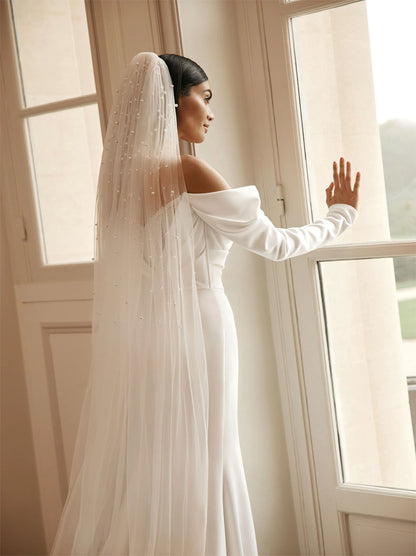 Simple & Elegant Mermaid Boho Wedding Dresses Strapless Beads Pleated Long Sleeves Tulle Court Train Bridal Gowns Custom Made