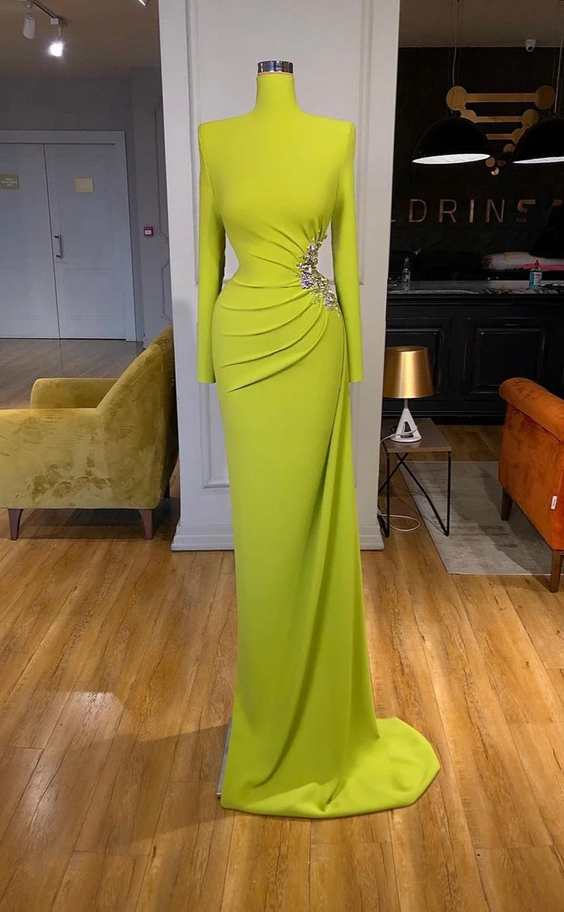 RP1162-Gorgeous Olive Mermaid High Neck Crystals Ruched Long Sleeves Chiffon Prom Evening Dresses Formal Party Gowns