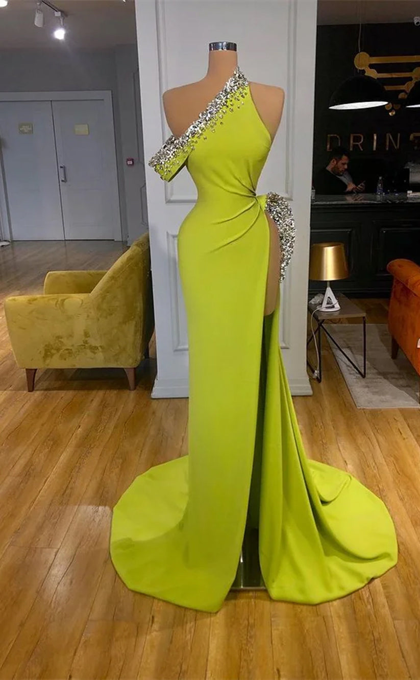 RP1163-Gorgeous Olive Mermaid One Shoulder Crystals Ruched Sleeveless Chiffon Prom Evening Dresses Formal Party Gowns With Slit