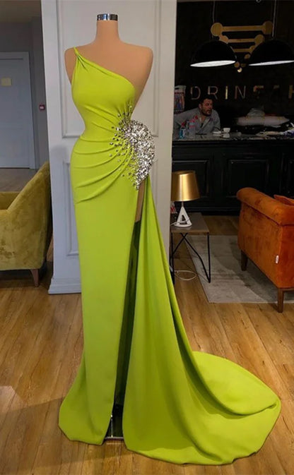 RP1164-Gorgeous Olive Mermaid One Shoulder Crystals Ruched Sleeveless Chiffon Prom Evening Dresses Formal Party Gowns With Slit