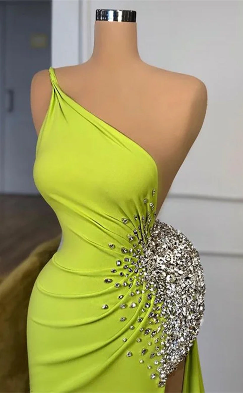 RP1164-Gorgeous Olive Mermaid One Shoulder Crystals Ruched Sleeveless Chiffon Prom Evening Dresses Formal Party Gowns With Slit