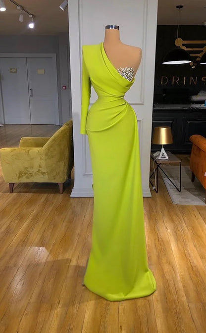 RP1165-Gorgeous Olive Mermaid One Shoulder Crystals Ruched One Long Sleeve Chiffon Prom Evening Dresses Formal Party Gowns With Slit