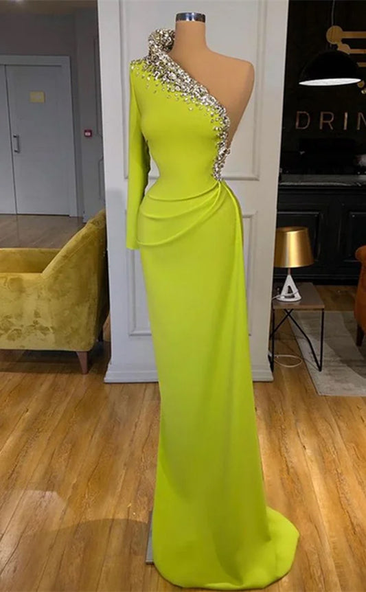 RP1166-Gorgeous Olive Mermaid One Shoulder Crystals Ruched One Long Sleeve Chiffon Prom Evening Dresses Formal Party Gowns With Slit