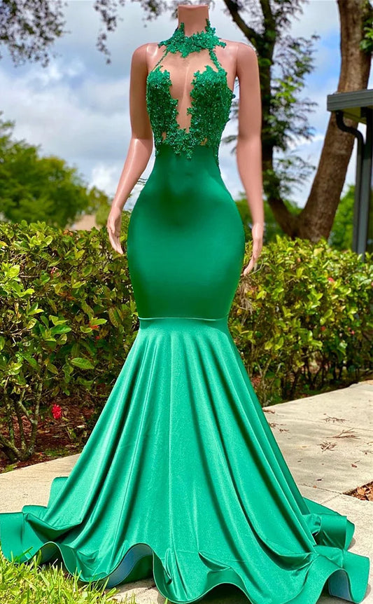 RP1161-Sexy Green Mermaid High Neck Beads Appliqued Sleeveless Long Velvet Prom Evening Dresses Formal Party Gowns With Train