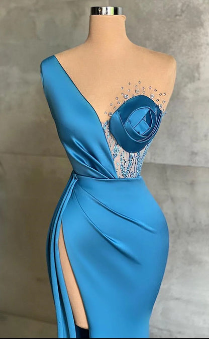 RP1160-Gorgeous Sky Blue Mermaid One Shoulder Ruched Beads Sleeveless Prom Evening Dresses Formal Party Gowns With Split