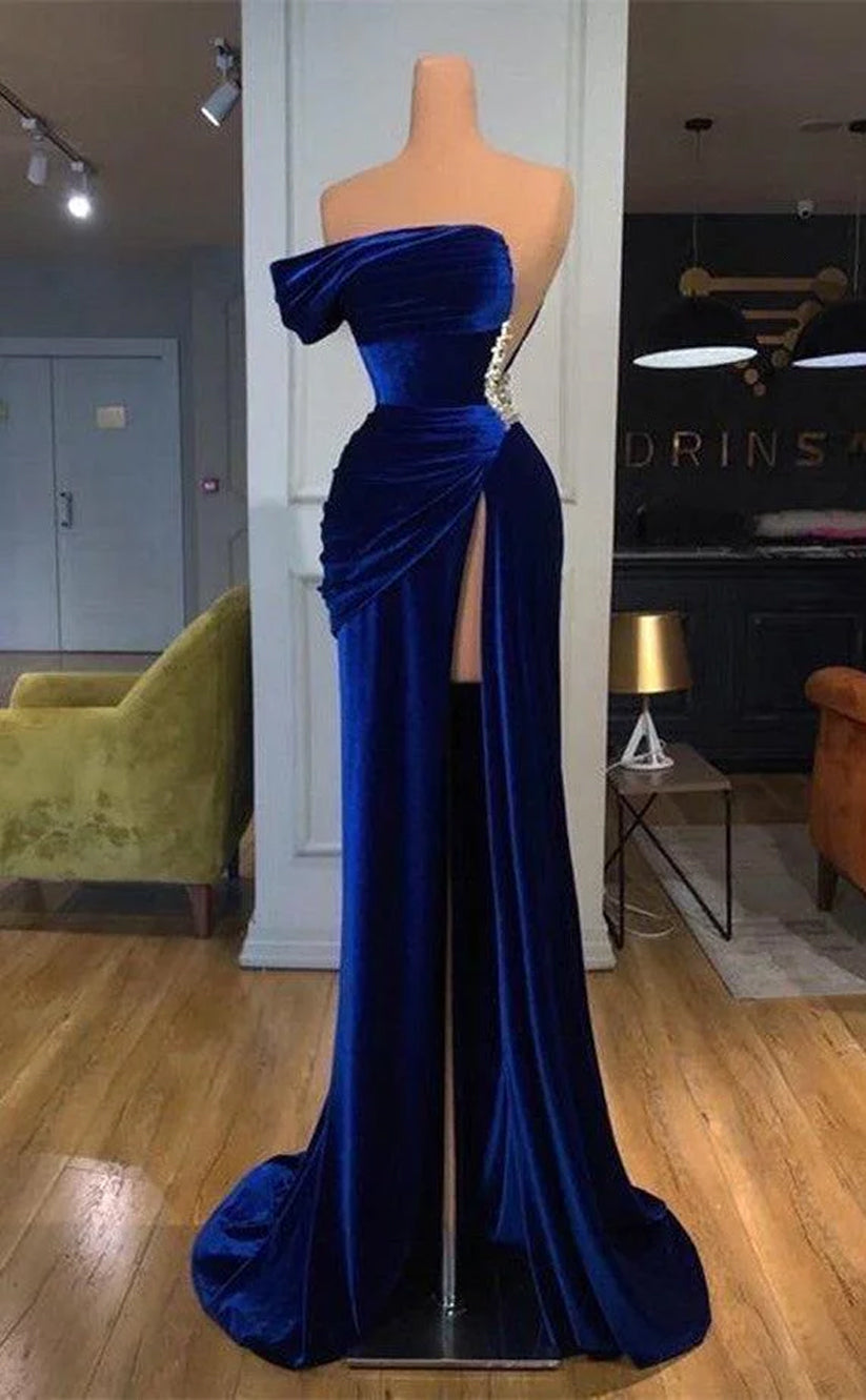 RP1158-Elegant Royal Blue Mermaid One Shoulder Crystals Ruched One Sleeve Velvet Prom Evening Dresses Formal Party Gowns With Slit