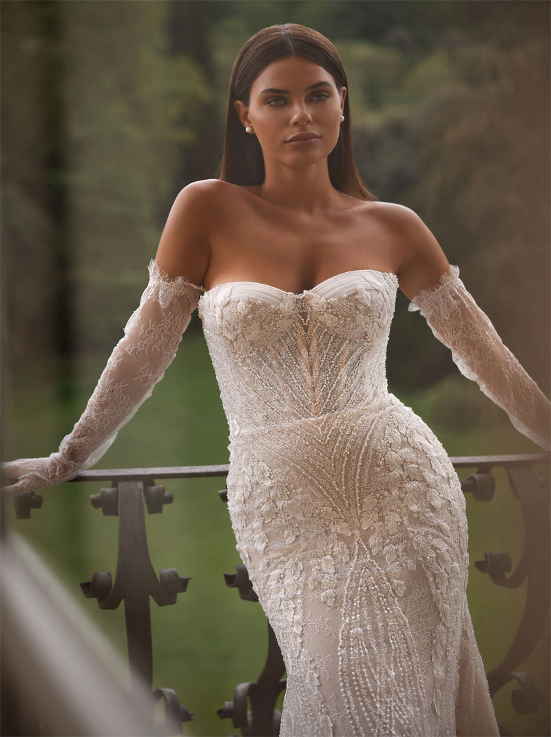 Gorgeous & Elegant Mermaid Wedding Dresses Sweetheart Appliqued Beads Tulle Sweep Train Bridal Gowns With Detachable Long Sleeves