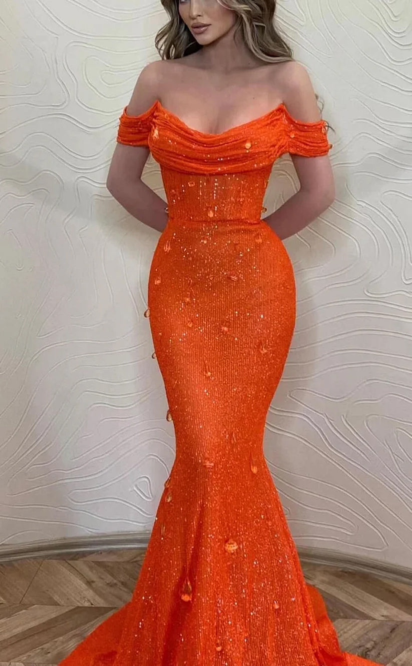 RP1135-Sparkling Orange Mermaid Off-the-Shoulder Sequins Beads Cap Sleeves Prom Evening Dresses Formal Party Gowns