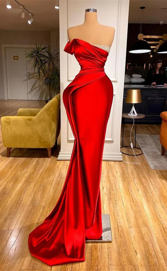 RP1140-Classic Red Mermaid Strapless Crystals Sleeveless Long Prom Evening Dresses Formal Party Gowns With Slit