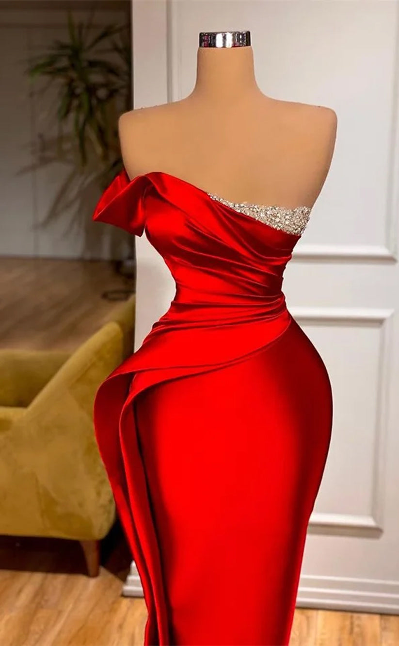 RP1140-Classic Red Mermaid Strapless Crystals Sleeveless Long Prom Evening Dresses Formal Party Gowns With Slit