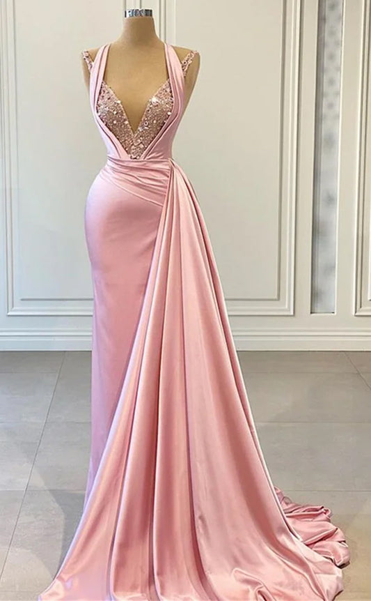 RP1139-Unique Pink Mermaid Halter Sequins Ruched Sleeveless Long Prom Evening Dresses Formal Party Gowns With Train