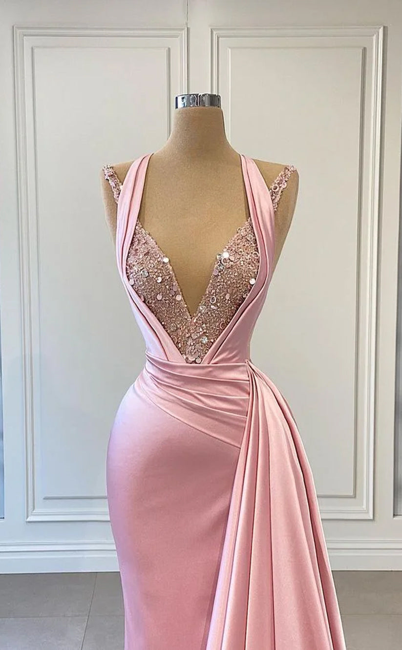 RP1139-Unique Pink Mermaid Halter Sequins Ruched Sleeveless Long Prom Evening Dresses Formal Party Gowns With Train