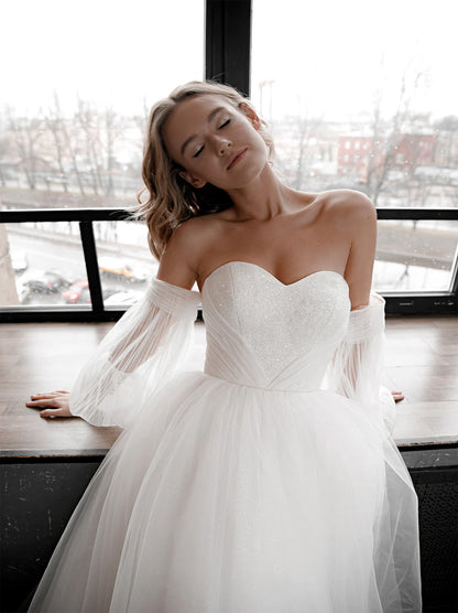 Elegant A-Line Wedding Dresses Sweetheart Sequins Lace Up Detachable Puffy Long Sleeves Tulle Sweep Train Bridal Gowns For Women