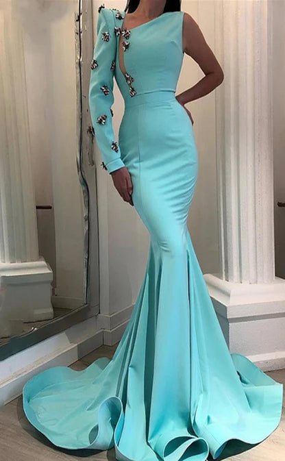 RP286-Gorgeous Sky Blue Mermaid One Shoulder Beaded One Long Sleeve Prom Evening Dresses Formal Party Gowns With 3D Flowers