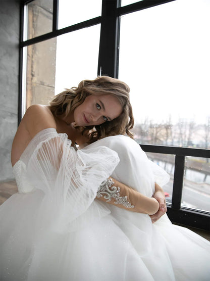 Elegant A-Line Wedding Dresses Sweetheart Sequins Lace Up Detachable Puffy Long Sleeves Tulle Sweep Train Bridal Gowns For Women