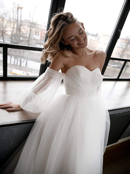 Elegant A-Line Wedding Dresses Sweetheart Sequins Lace Up Detachable Puffy Long Sleeves Tulle Sweep Train Bridal Gowns For Women