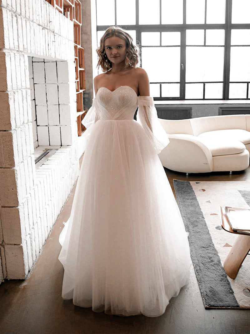 Elegant A-Line Wedding Dresses Sweetheart Sequins Lace Up Detachable Puffy Long Sleeves Tulle Sweep Train Bridal Gowns For Women