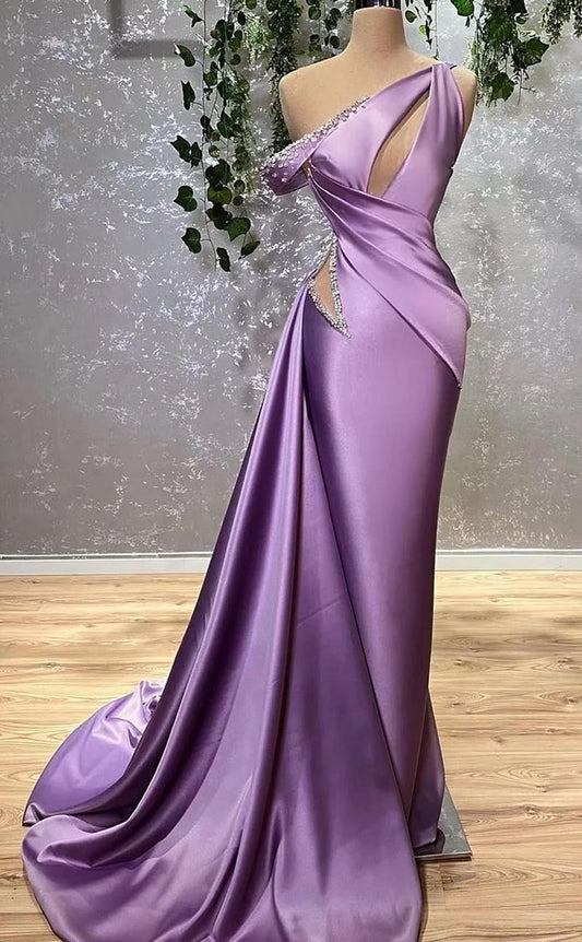 RP1113-Elegant Purple Mermaid One Shoulder Beads Ruched Sleeveless Prom Evening Dresses Formal Party Gowns With Cut-out