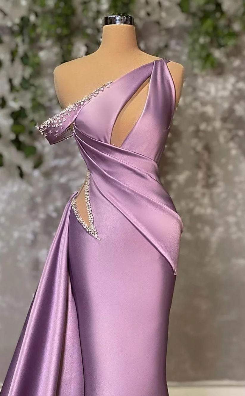 RP1113-Elegant Purple Mermaid One Shoulder Beads Ruched Sleeveless Prom Evening Dresses Formal Party Gowns With Cut-out