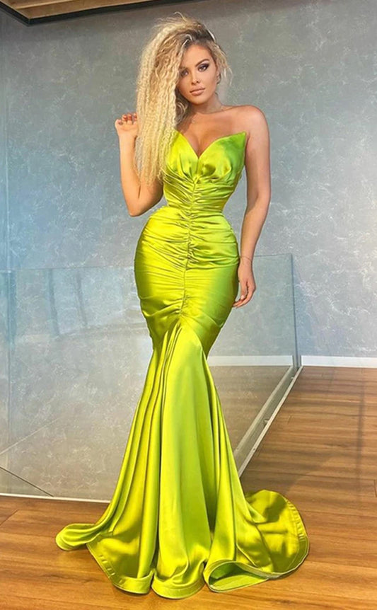 RP1146-Classic Green Mermaid Sweetheart Ruched Sleeveless Floor Long Evening Dresses With Train Formal Party Gowns