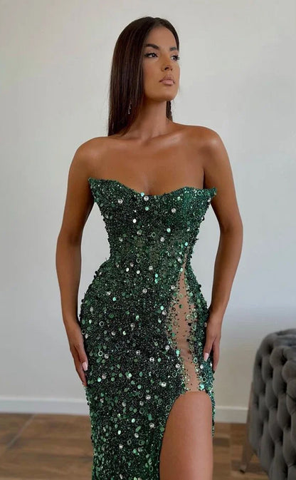 RP1157-Sparkling Green Mermaid Strapless Sequins Beads Sleeveless Long Prom Evening Dresses Formal Party Gowns With Slit