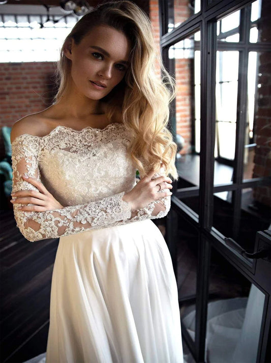 Elegant A-Line Wedding Dresses Off The Shoulder Beaded Appliuqed Lace Long Sleeves Chiffon Covered Buttons Sweep Train Bridal Gowns Custom Made