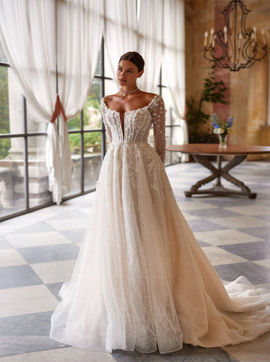 Charming A-Line Wedding Dresses Scoop Beads Appliqued Long Sleeves Tulle Sweep Train Bridal Gowns Custom Custom