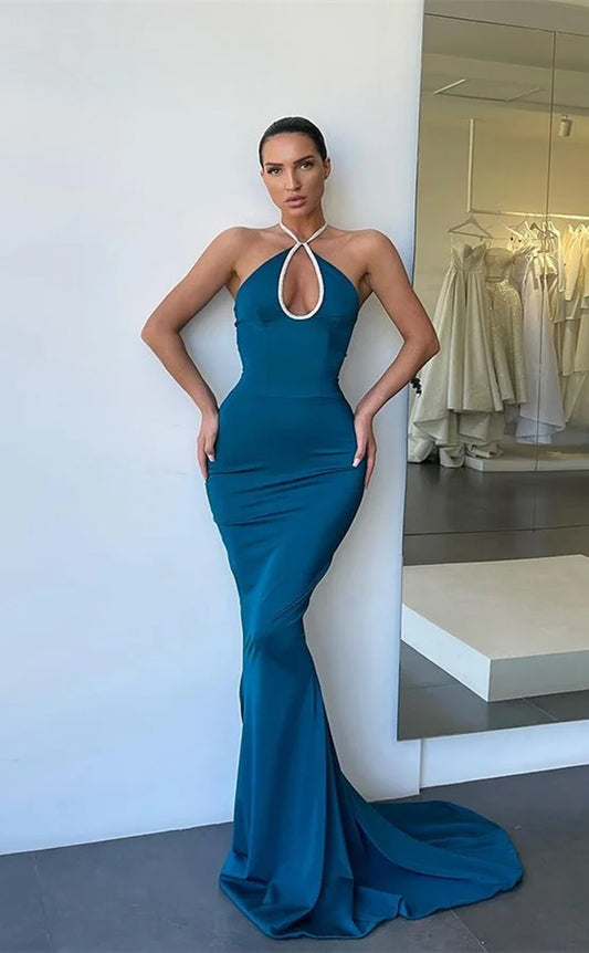 RP1148-Elegant Blue Mermaid Halter Beaded Ruched Sleeveless Long Prom Evening Dresses Formal Party Gowns With Train