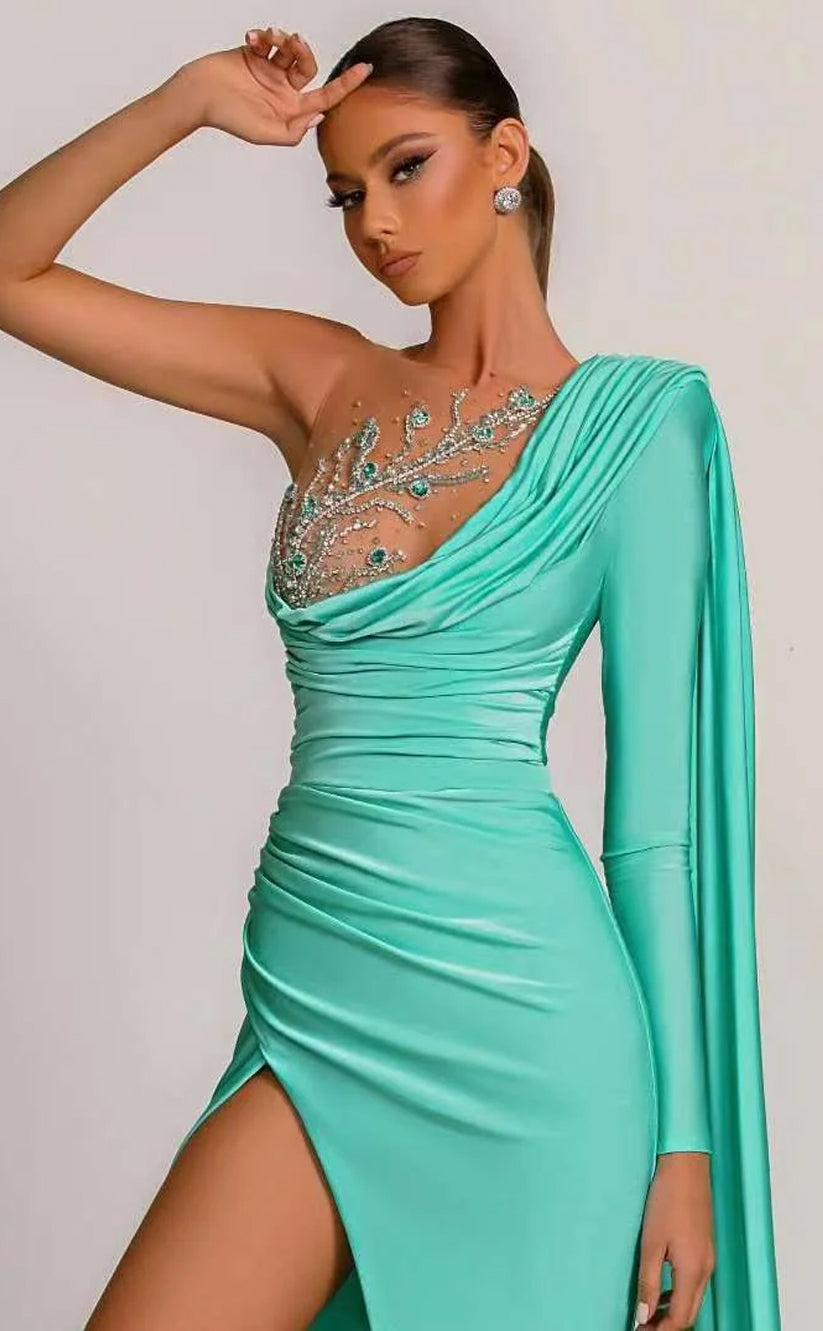 RP1149-Elegant Green Mermaid One Shoulder Ruched Appliqued One Long Sleeve Prom Evening Dresses Formal Party Gowns With Split