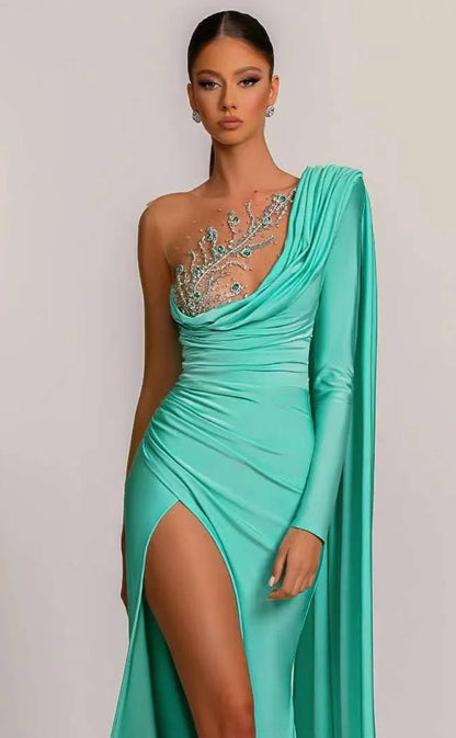 RP1149-Elegant Green Mermaid One Shoulder Ruched Appliqued One Long Sleeve Prom Evening Dresses Formal Party Gowns With Split