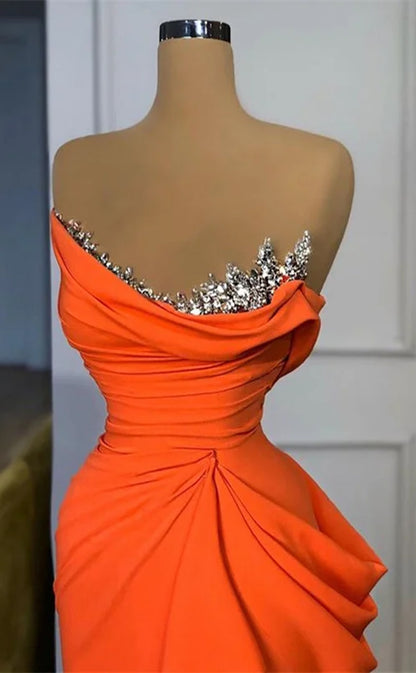 RP1153-Gorgeous Orange Mermaid Strapless Crystals Ruched Sleeveless Long Prom Evening Dresses Formal Party Gowns With Train