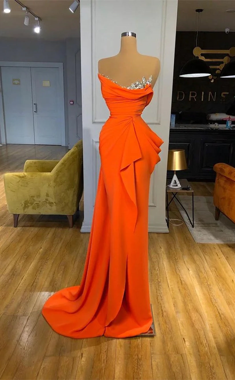 RP1153-Gorgeous Orange Mermaid Strapless Crystals Ruched Sleeveless Long Prom Evening Dresses Formal Party Gowns With Train