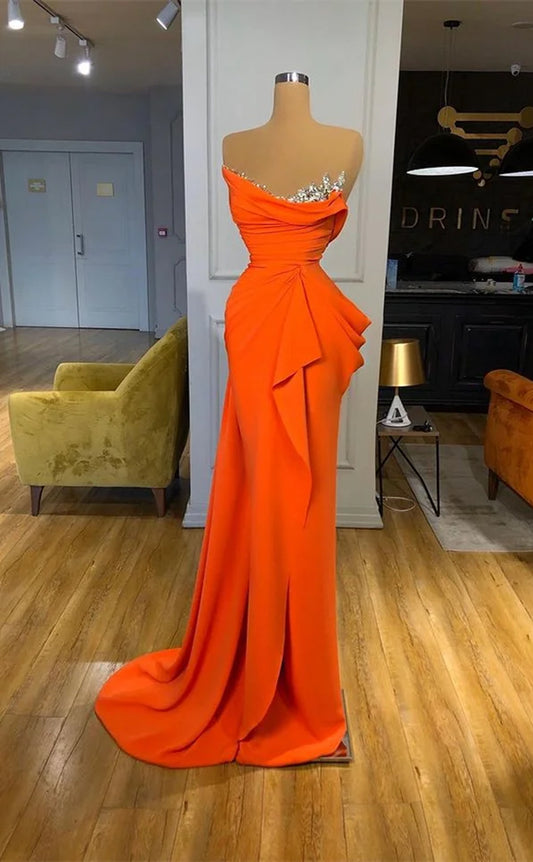 RP1153-Gorgeous Orange Mermaid Strapless Crystals Ruched Sleeveless Long Prom Evening Dresses Formal Party Gowns With Train