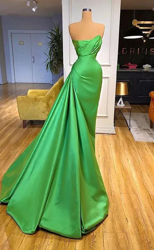 RP1155-Elegant Green Mermaid High Neck Ruched Sleeveless Satin Long Prom Evening Dresses Formal Party Gowns With Train