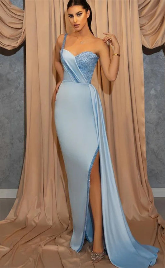 RP1154-Elegant Sky Blue Mermaid One Shoulder Ruched Beads Sleeveless Prom Evening Dresses Formal Party Gowns With Split