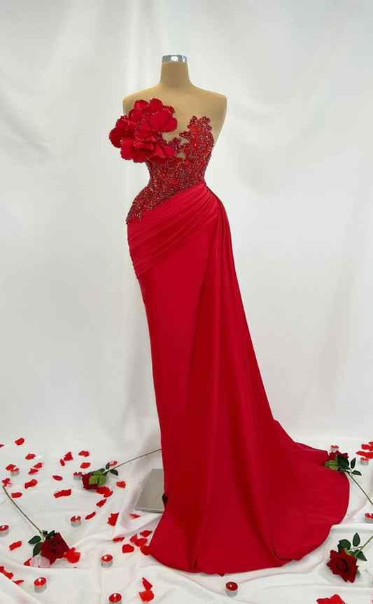 RP285-Gorgeous Red Mermaid Strapless Beads Pleated  Sleeveless Prom Evening Dresses Formal Party Gowns With Flowers