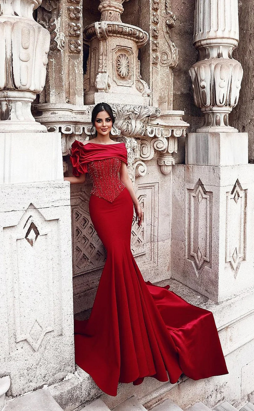 RP1125-Elegant Red Mermaid Off-the-Shoulder Beads Cap Sleeves Long Prom Evening Dresses Formal Party Gowns