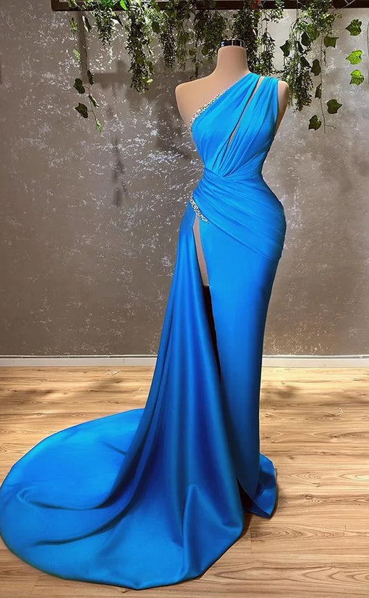 RP1124-Elegant Sky Blue Mermaid One Shoulder Beads Ruched Sleeveless Long Prom Evening Dresses Formal Party Gowns With Slit