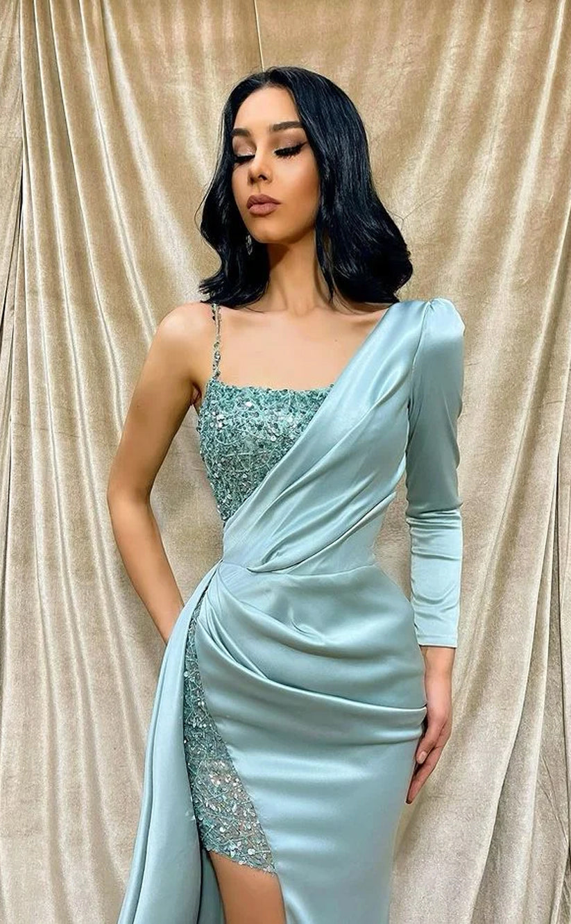 RP1119-Elegant Green Mermaid One Shoulder Ruched Sequins One Long Sleeve Prom Evening Dresses Formal Party Gowns With Split