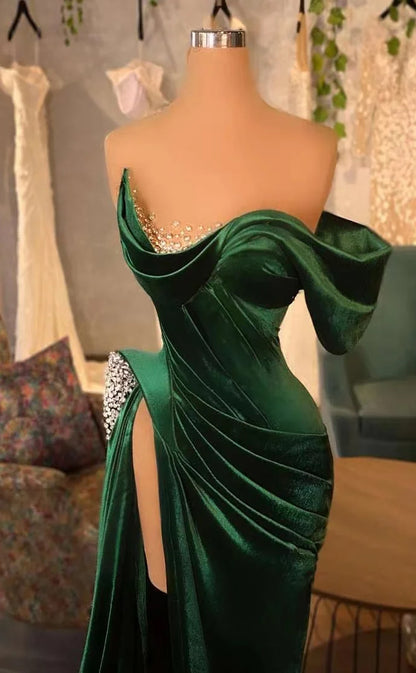 RP1120-Classic Green Mermaid One Shoulder Ruched Crystals Cap Sleeves Velvet Long Prom Evening Dresses Formal Party Gowns With Slit