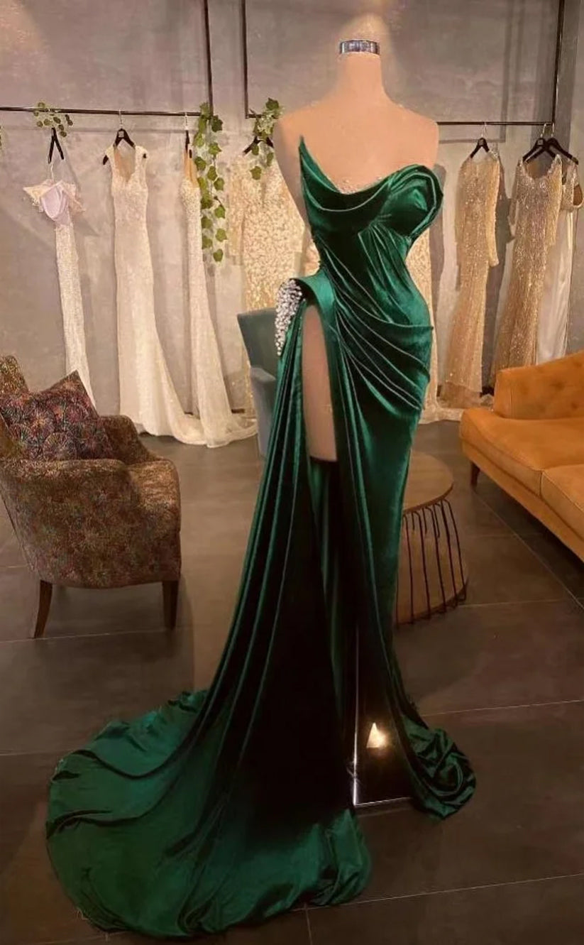 RP1120-Classic Green Mermaid One Shoulder Ruched Crystals Cap Sleeves Velvet Long Prom Evening Dresses Formal Party Gowns With Slit