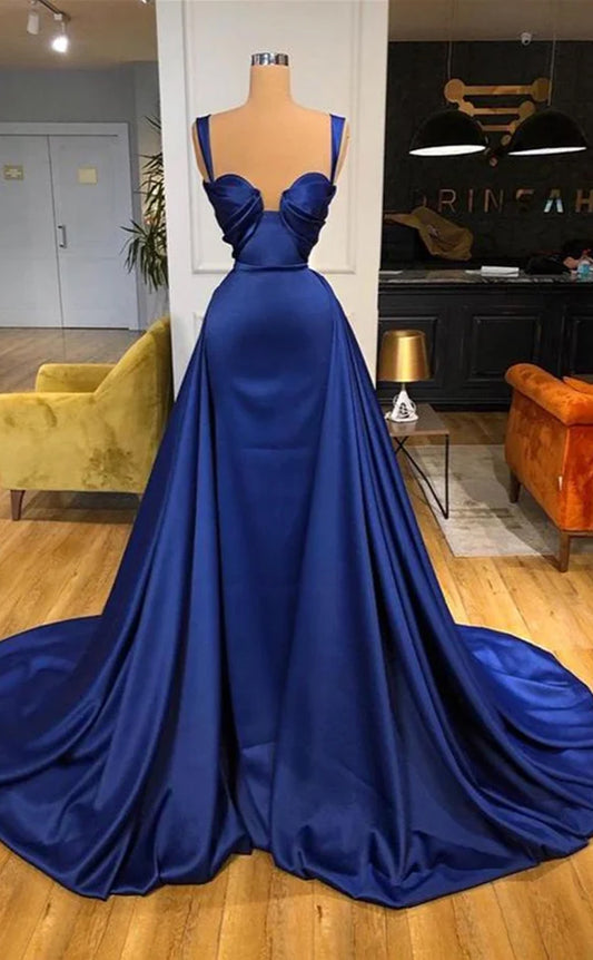 RP1121-Elegant Royal Blue A-Line Spaghetti Ruched Sleeveless Long Prom Evening Dresses Formal Party Gowns With Train